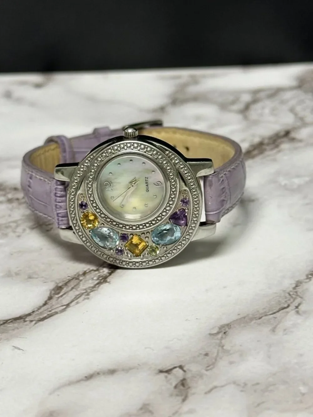 Rhinestone Watch Women Silver Tone Mother of Pearl Dial Leather Band New Battery